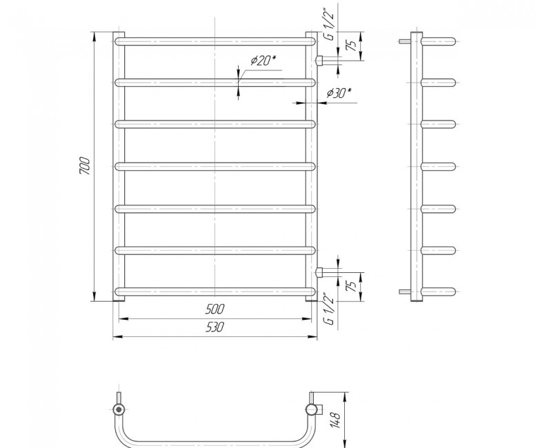 Рушникосушка Стандарт 700х550/600 Б/П 1/2